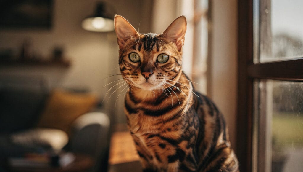 A Bengal cat sitting by an apartment window.