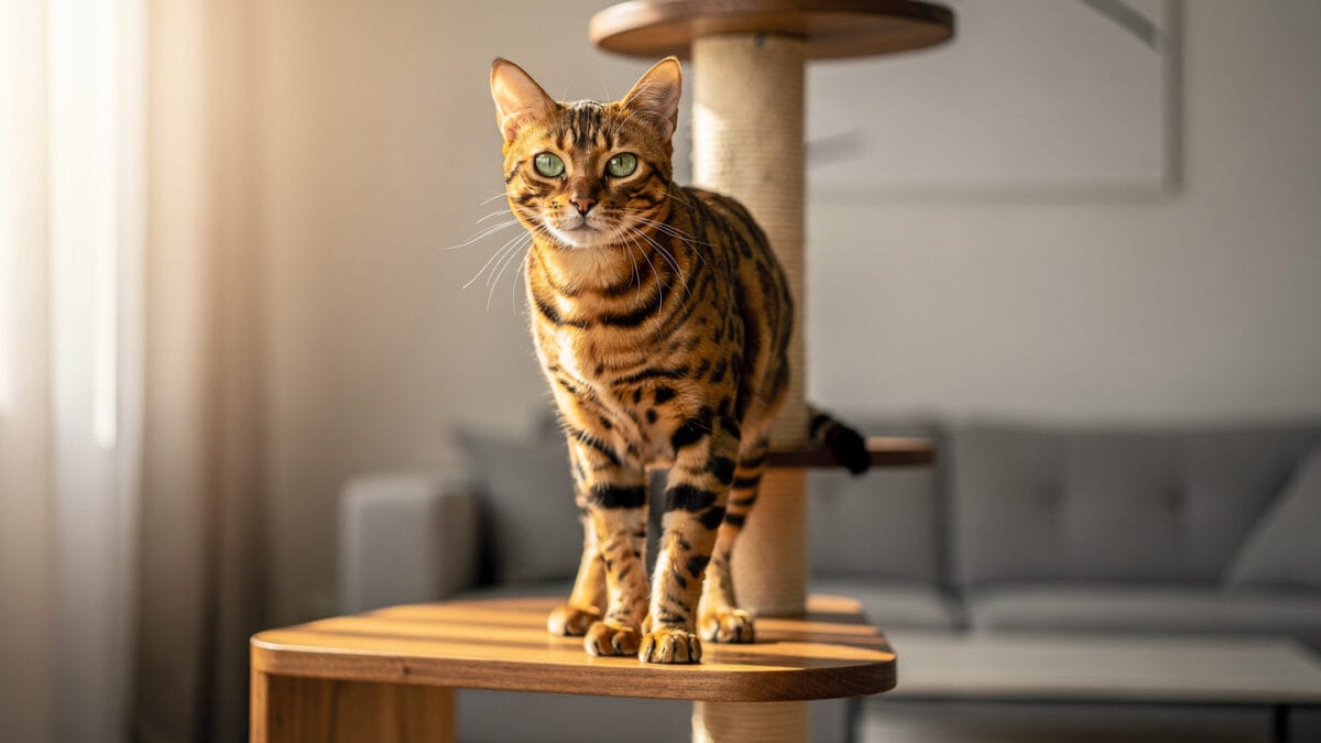 Bengal cat behavior A Bengal cat standing on a high perch looking intelligent.