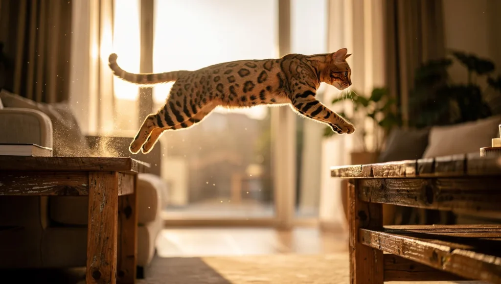 Bengal cat climbing furniture showing natural behavior