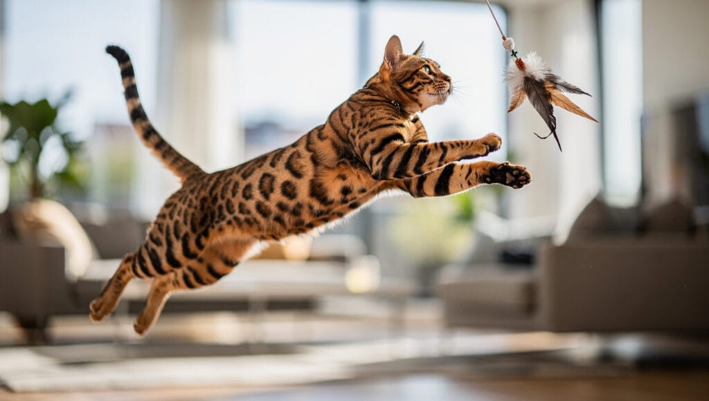 An active Bengal cat jumping to catch a toy.