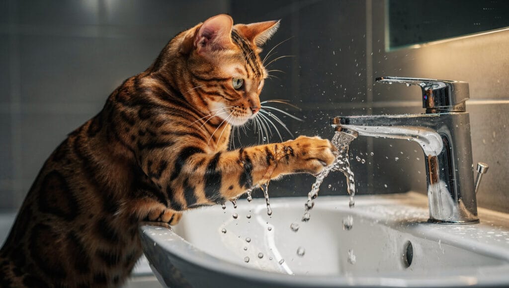 A Bengal cat splashing water from a faucet.