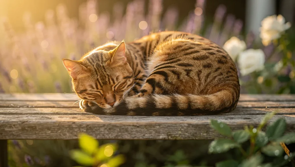 Bengal cat sleeping peacefully outdoors in morning golden light