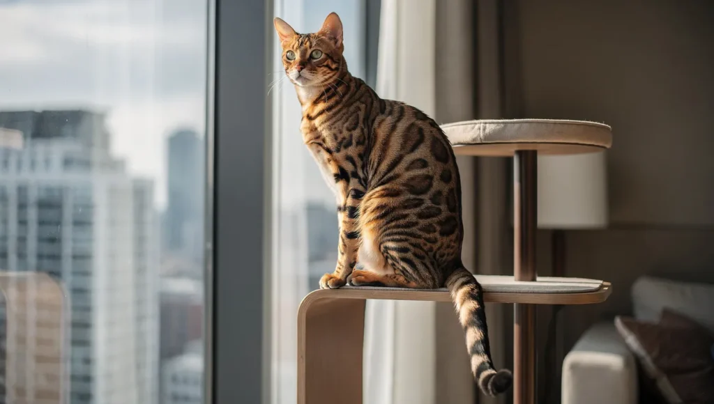 Bengal cat sitting on cat tree near window showing behavior