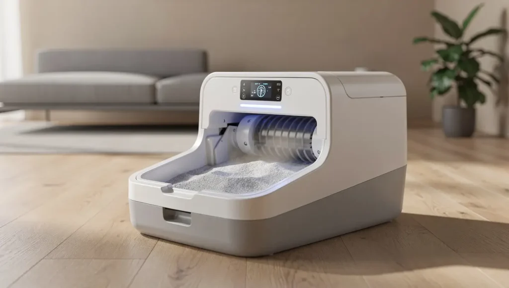 A clear, side-by-side comparison of a dusty litter versus a clean, dust-free pellet litter being poured