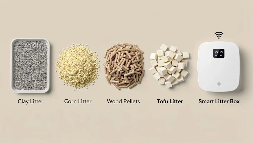 An infographic-style table showing different litter types with star ratings for absorbency and odor control