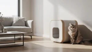 Best Cat Litter 2026 A sleek, modern living room with a hidden, stylish cat litter box and a happy cat nearby