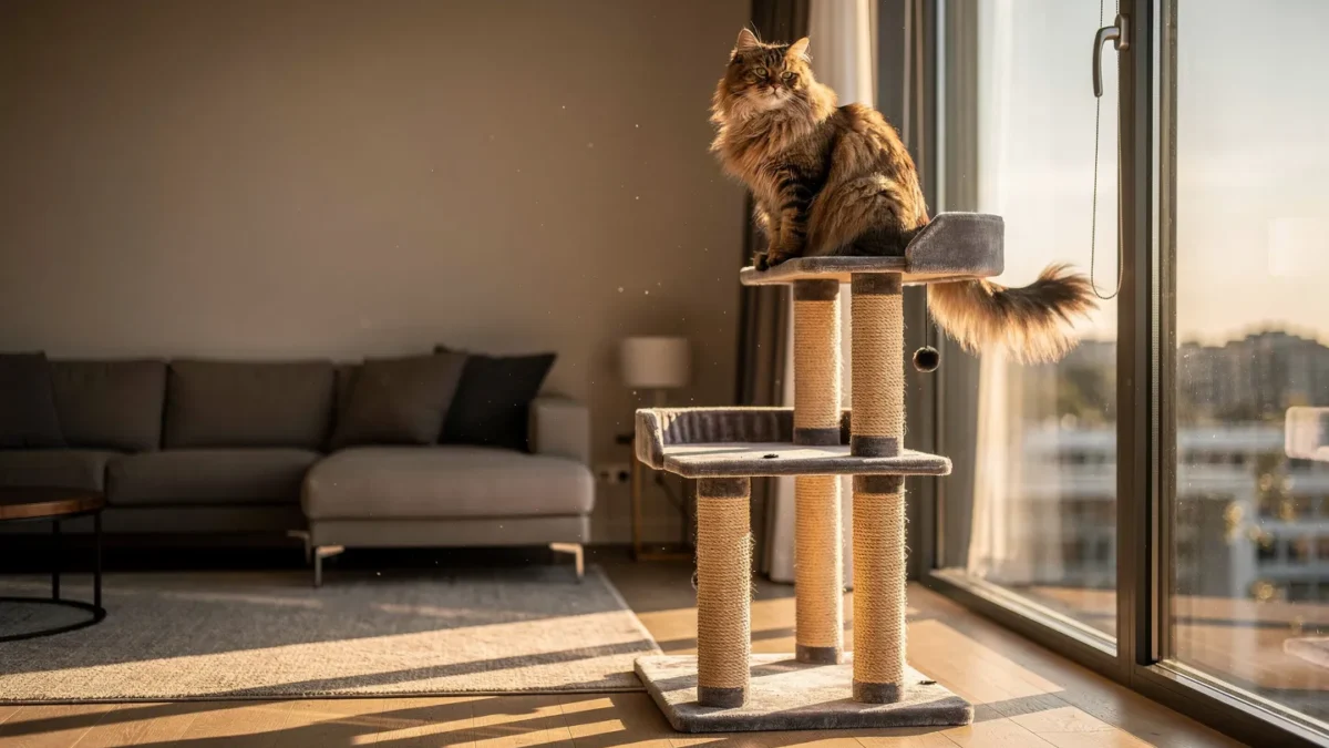 Best cat trees A luxury cat tree in a sunlit modern living room with a cat on top.