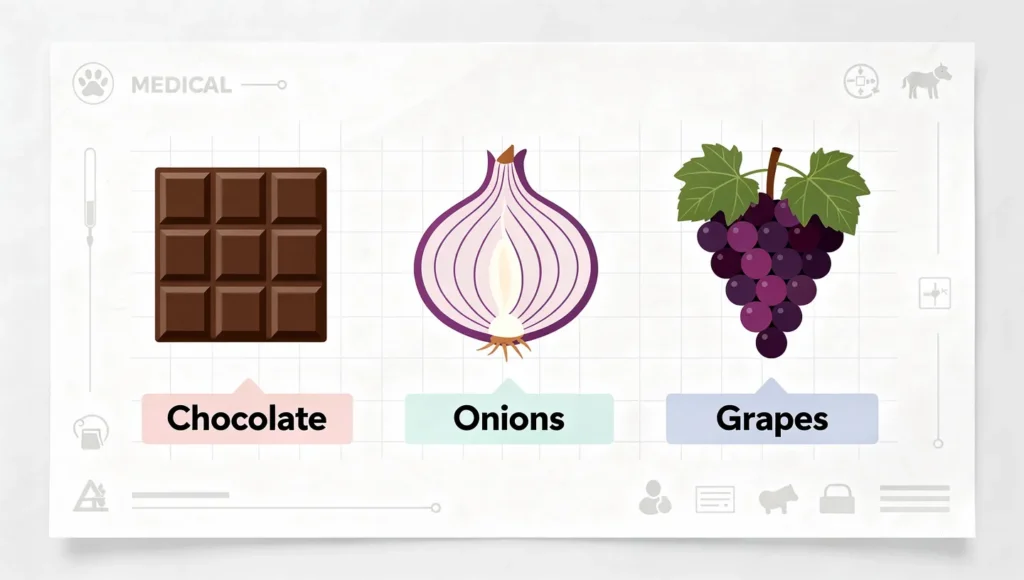 Infographic showing chocolate, onions and grapes as toxic foods for cats