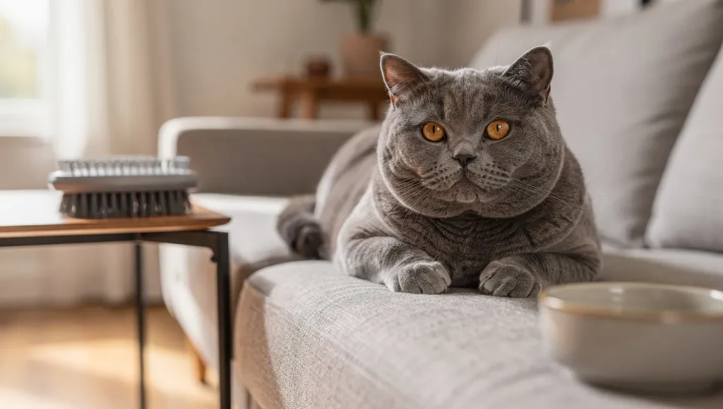 British Shorthair cat receiving daily care at home