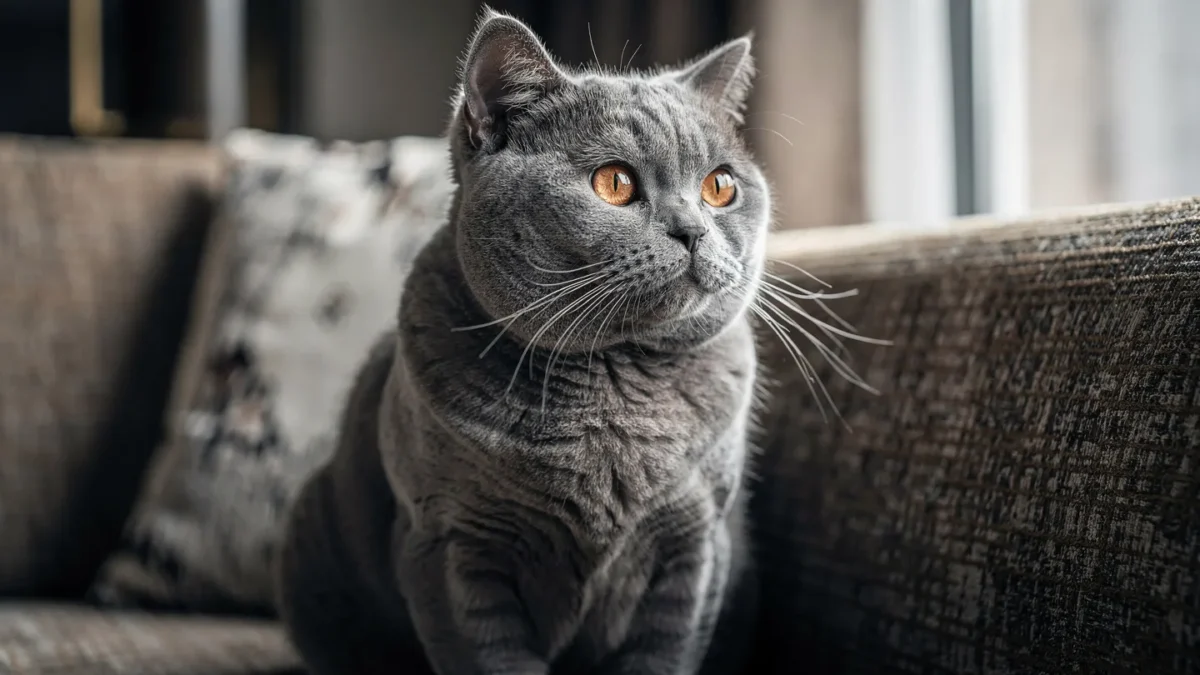 British Shorthair Care A majestic blue British Shorthair cat sitting on a sofa.