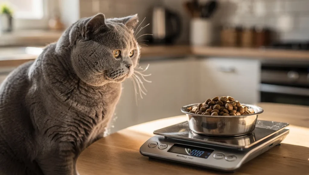 Balanced meal for a British Shorthair to prevent obesity.