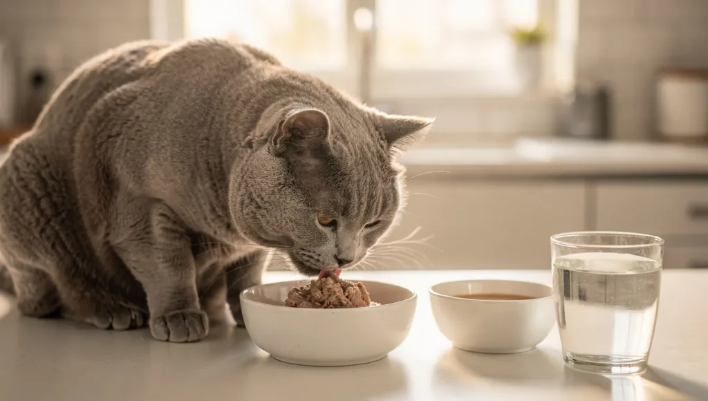 British Shorthair cat eating a healthy meal