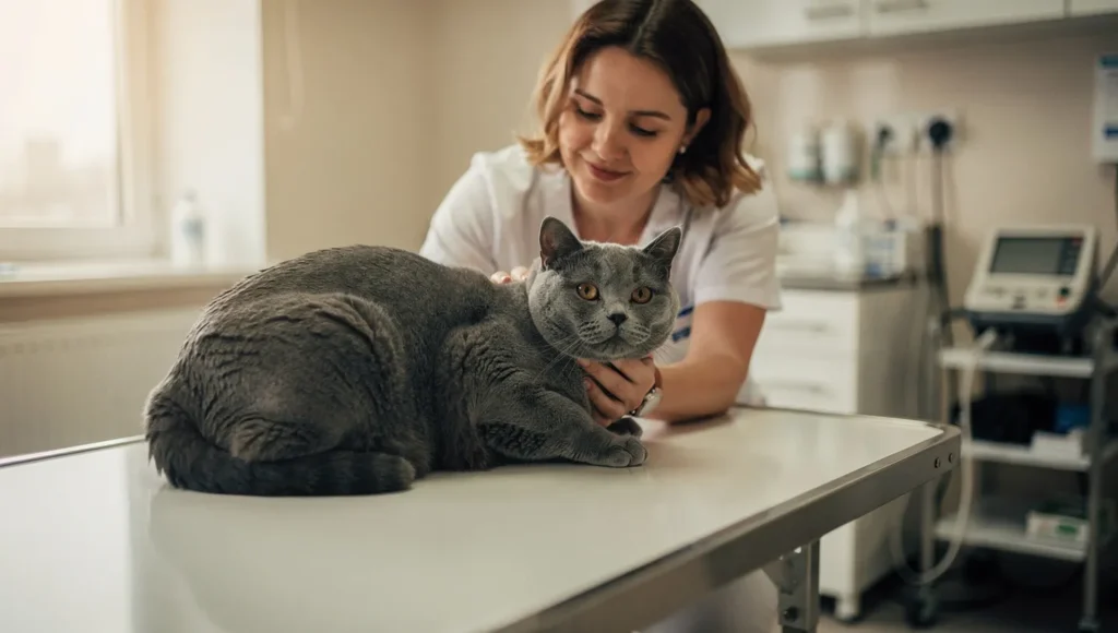 Veterinarian performing a health check on a British Shorthair.