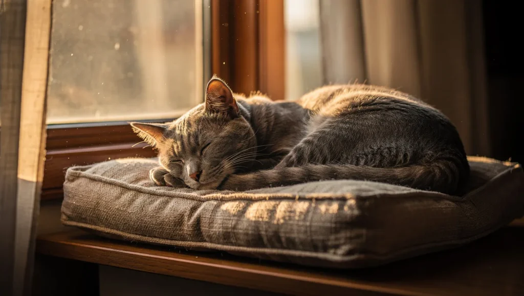 Senior cat resting on simple fabric window sill hammock