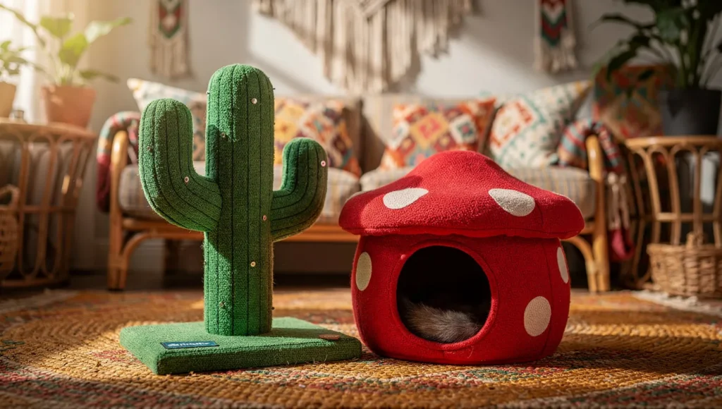 Aesthetic cactus cat tree and mushroom cat scratcher for modern home decor.
