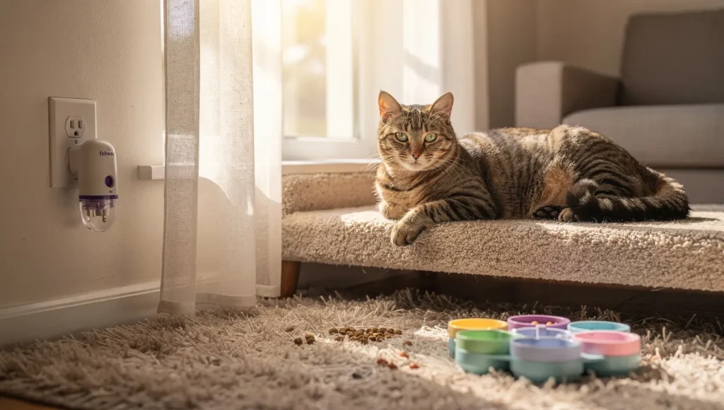 Relaxed cat on window perch with pheromone diffuser and enrichment toys visible