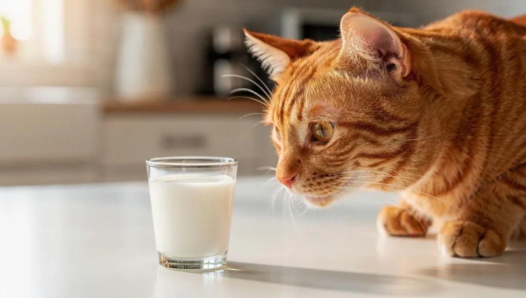 Cat looking at a glass of milk