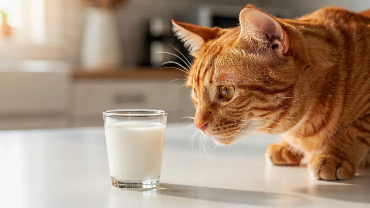 Cat looking at a glass of milk