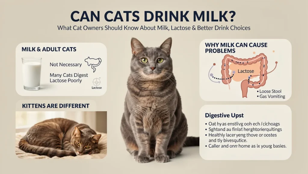 Can cats drink milk? Infographic showing milk, lactose, kittens, and safe drink choices for cats