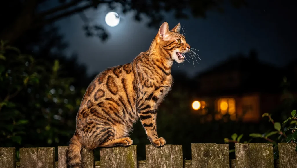 Bengal cat alert and meowing outdoors at night under moonlight