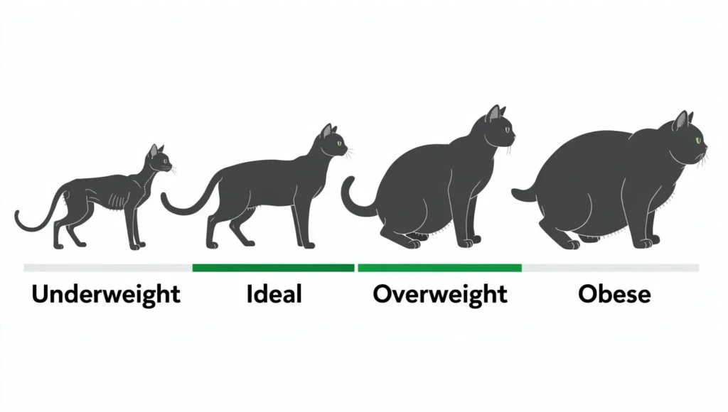 Body condition chart showing underweight, ideal, overweight, and obese cat silhouettes