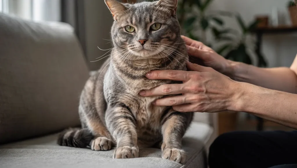Owner gently checking a cat's ribs to assess body condition at home