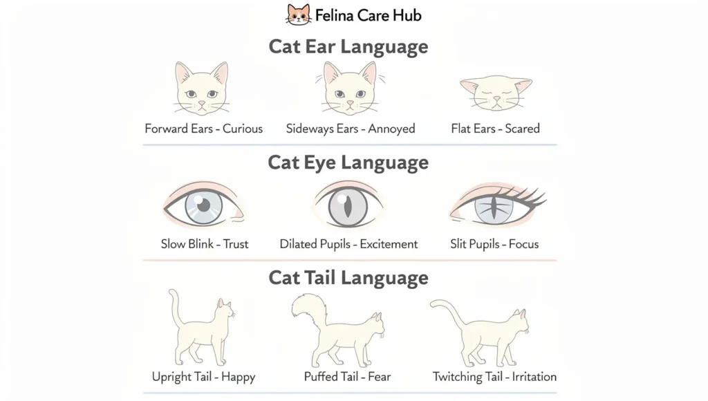 Cat body language  A complete visual guide to cat body language showing ear, eye, and tail signals by Felina Care Hub.