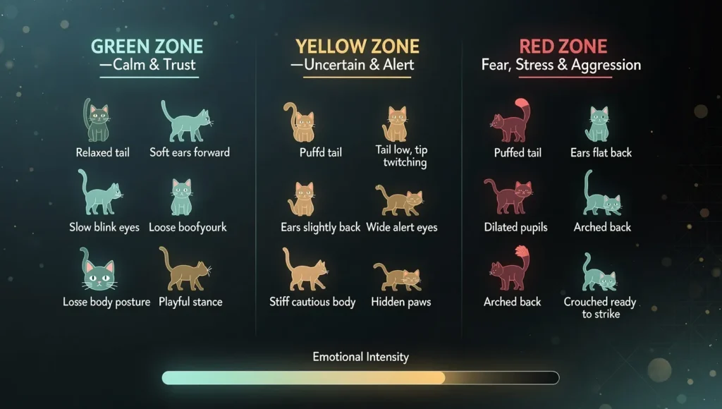  Cat body language emotion decoder chart showing green yellow red zone signals 
