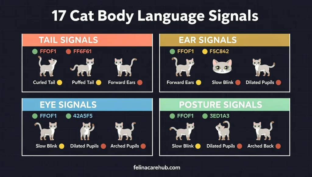  Cat body language quick reference guide showing 17 signals with tail ears eyes and posture icons 
