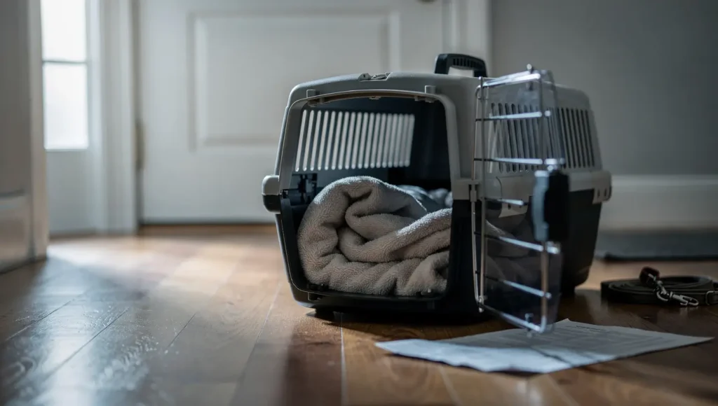 A cat carrier prepared with a soft blanket, signifying a planned or urgent trip to the veterinary clinic.