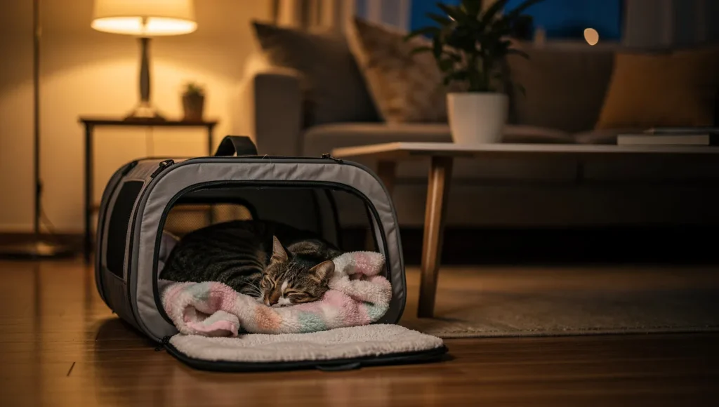 A cat sleeping peacefully inside an open carrier in a cozy living room.