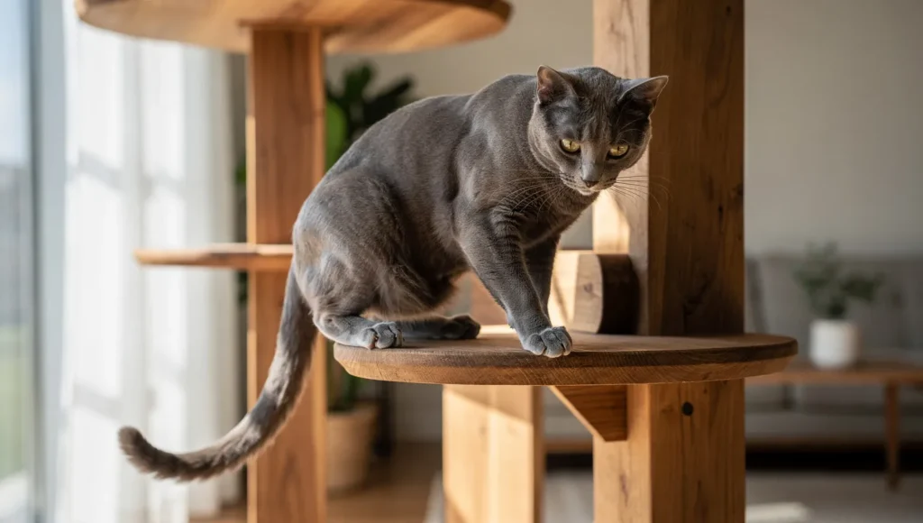 An active cat climbing a cat tree to burn calories naturally.