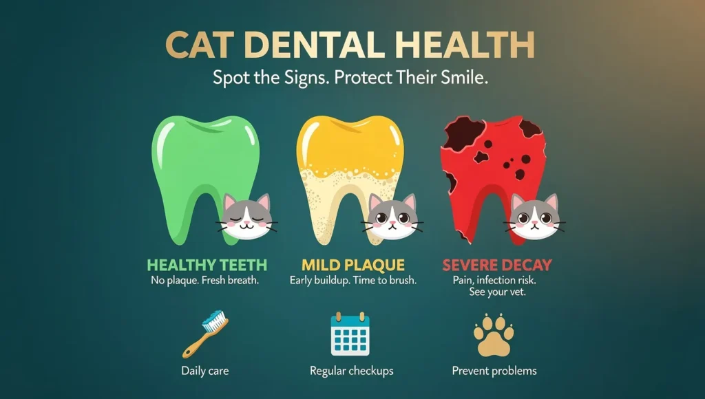 Cat dental health warning signs infographic with green yellow red indicators