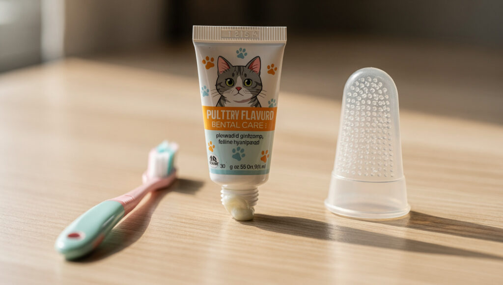 A close-up of a kit: feline toothpaste, a finger brush, and a soft-bristled baby toothbrush