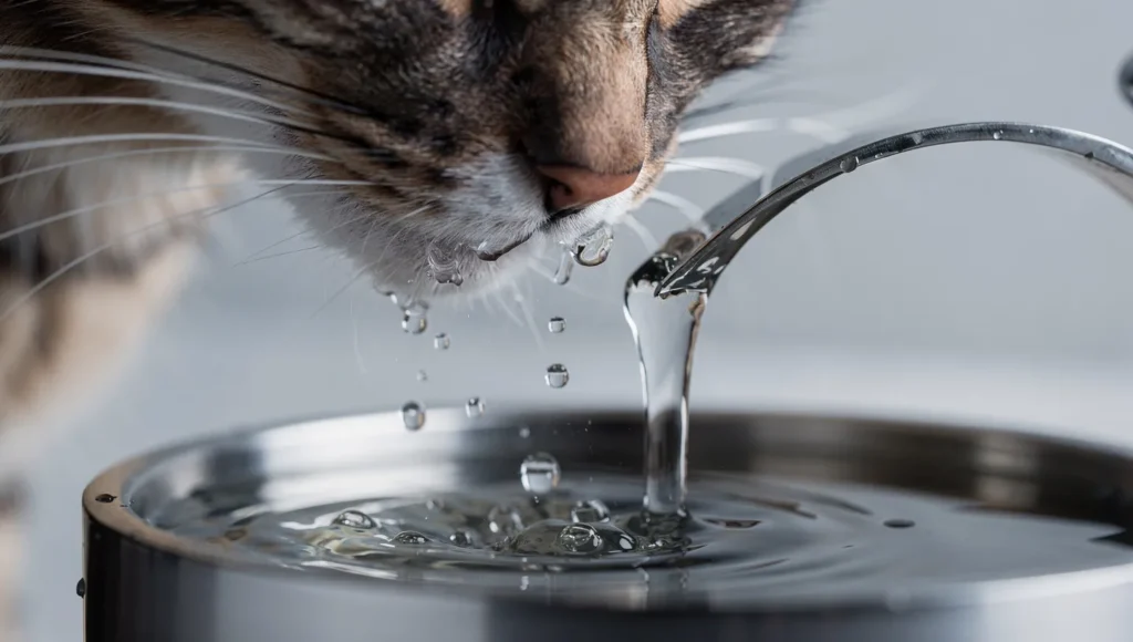 Cat drinking from a modern water fountain