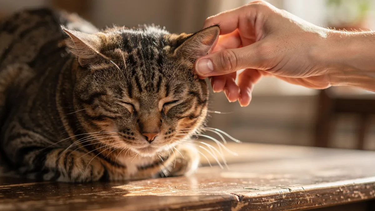 Cleaning Cat Ears A person gently inspecting a cat's ear in a bright room.