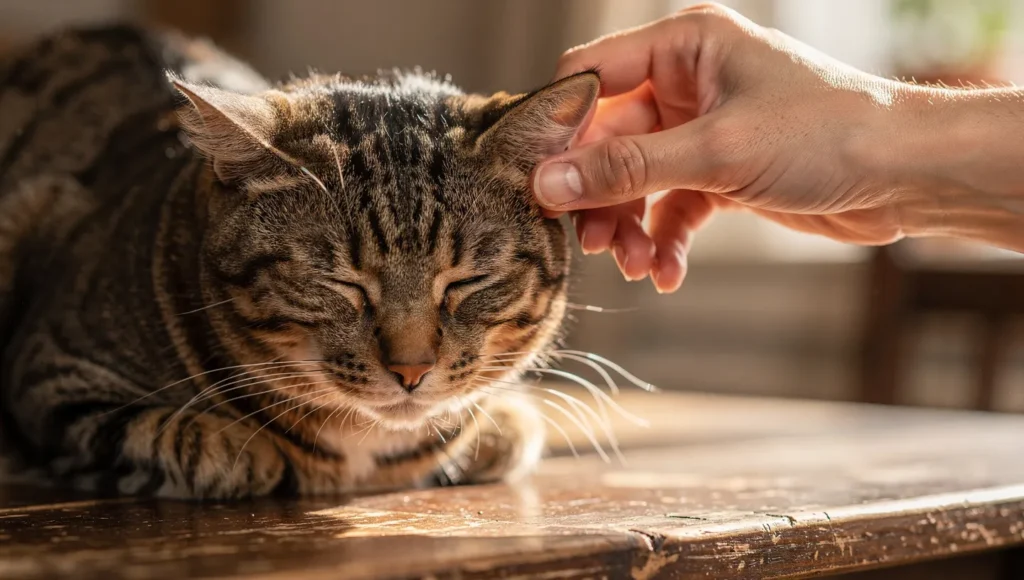 Cleaning Cat Ears A person gently inspecting a cat's ear in a bright room.
