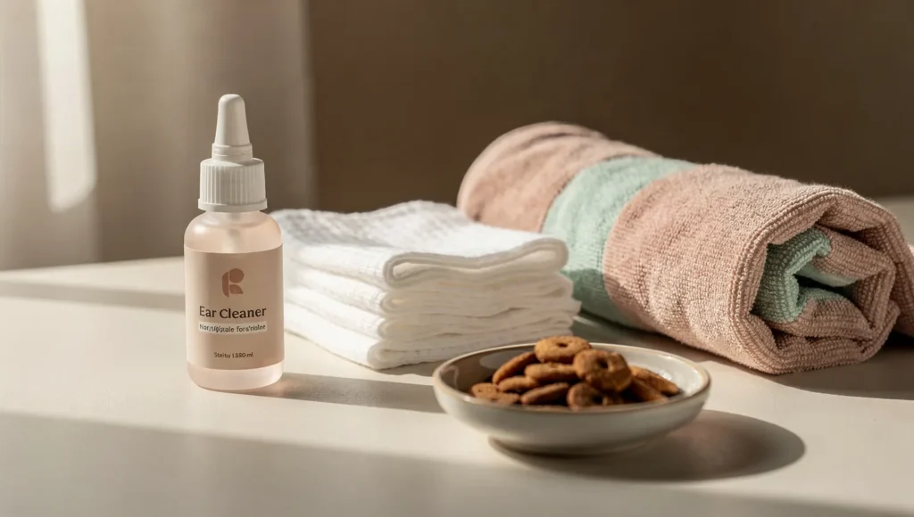 Professional cat ear cleaning solution and gauze pads.