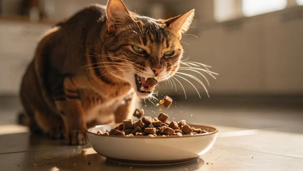 A high-quality photo of a cat eating from a bowl of high-quality, nutritious food