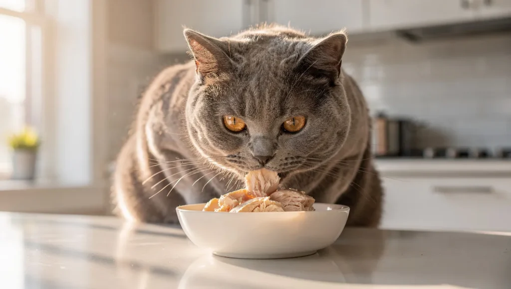 A healthy cat eating plain boiled chicken breast