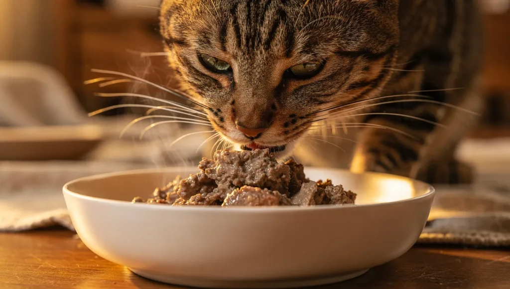 Cat eating wet food from bowl with warm indoor lighting
