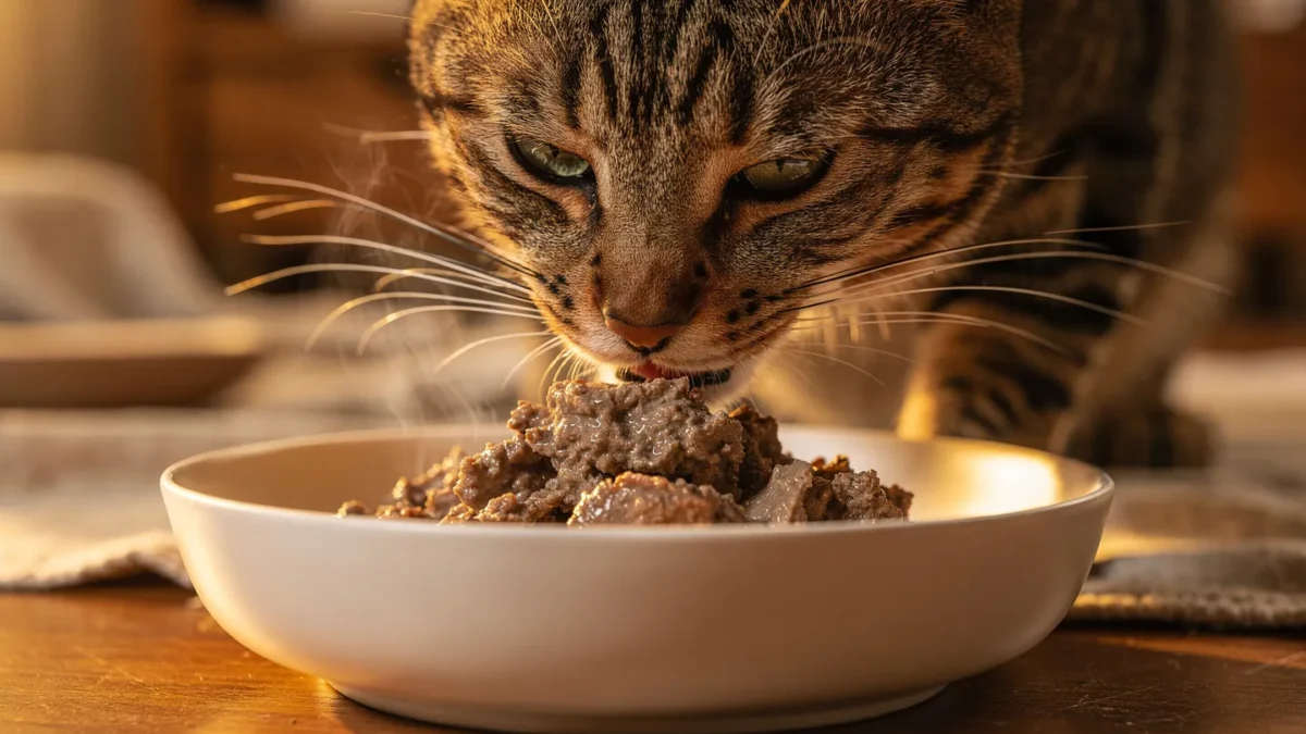 Cat eating wet food from bowl with warm indoor lighting
