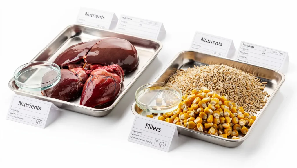 A professional graphic contrasting a high-quality organ meat (like liver) with a pile of yellow corn, with the text "Nutrients vs. Fillers" displayed clearly