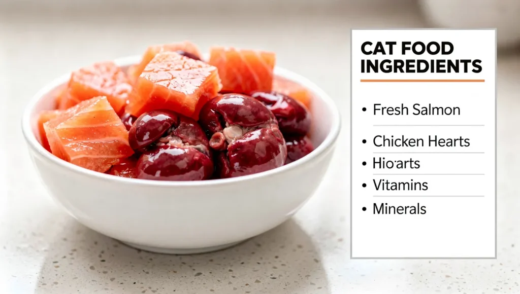 An infographic showing a bowl of cat food broken down into percentages, with arrows pointing to the ingredients list on a label.