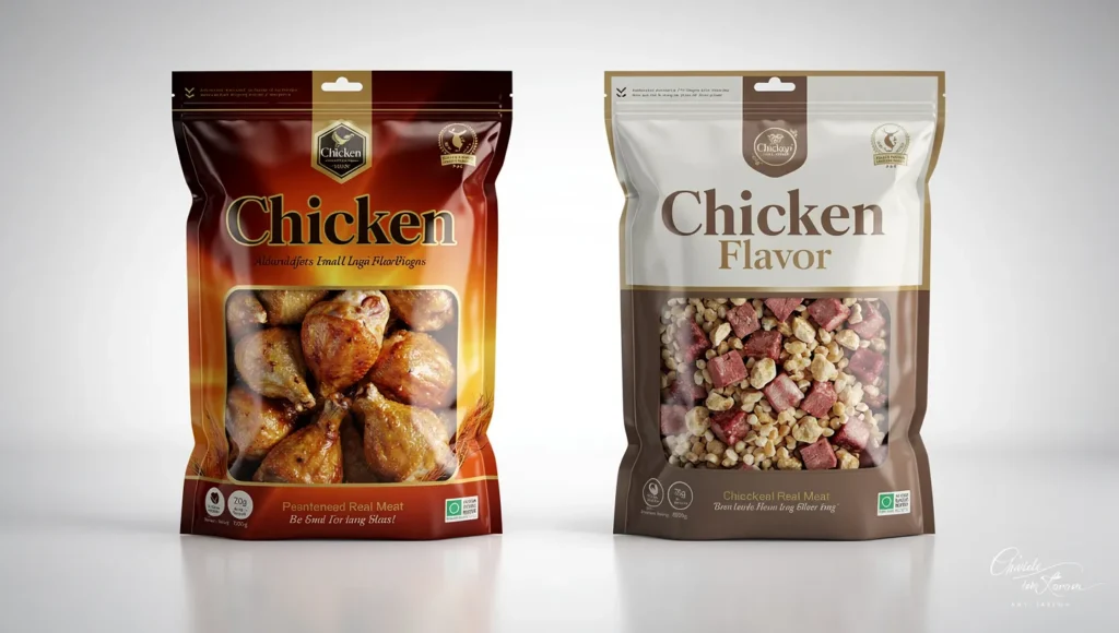 A side-by-side comparison illustration showing two cat food bags: one with "Chicken Cat Food" and the other with "Chicken Flavor Cat Food," highlighting the difference in actual meat content.