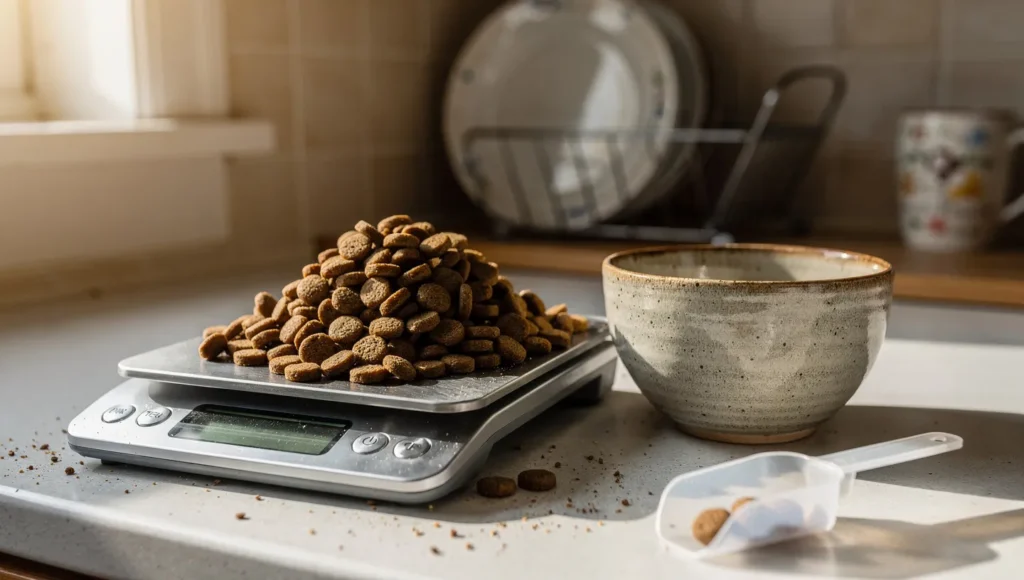 Measuring dry cat food on a digital kitchen scale