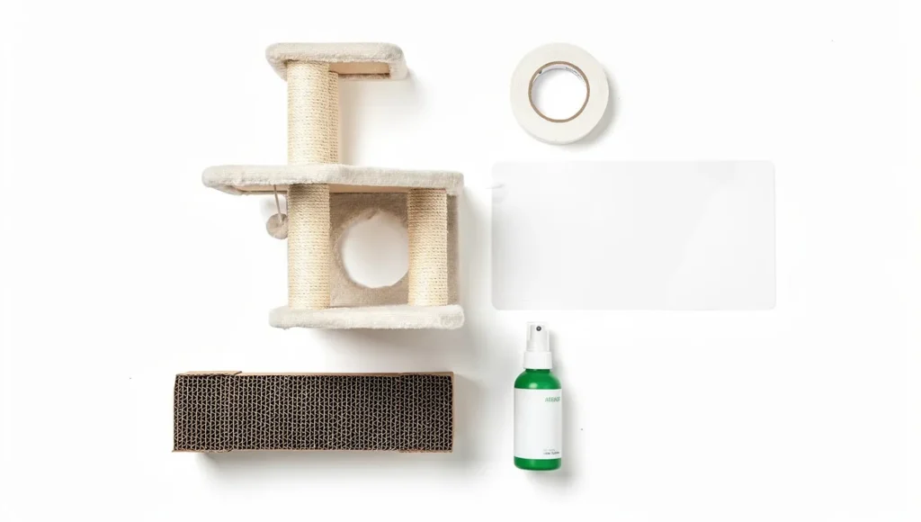 Overhead flat lay of cat tree, cardboard scratcher, sticky tape, furniture guard, and catnip spray