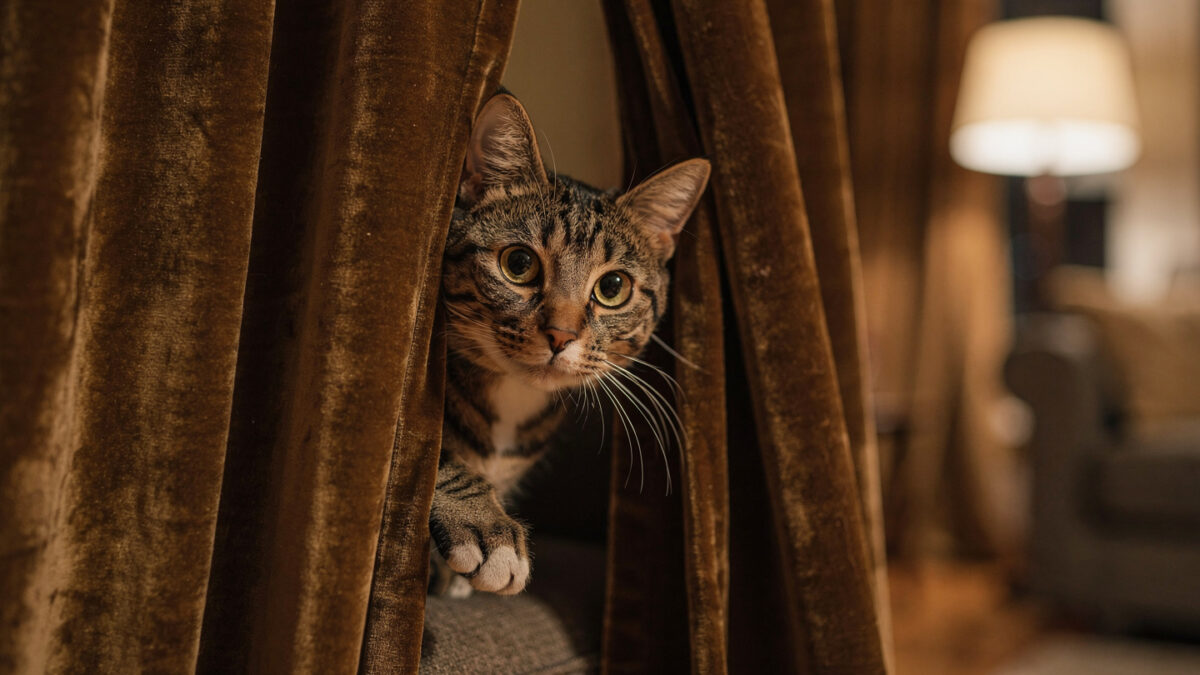 Why Do Cats Hide? A curious cat peeking from behind a curtain