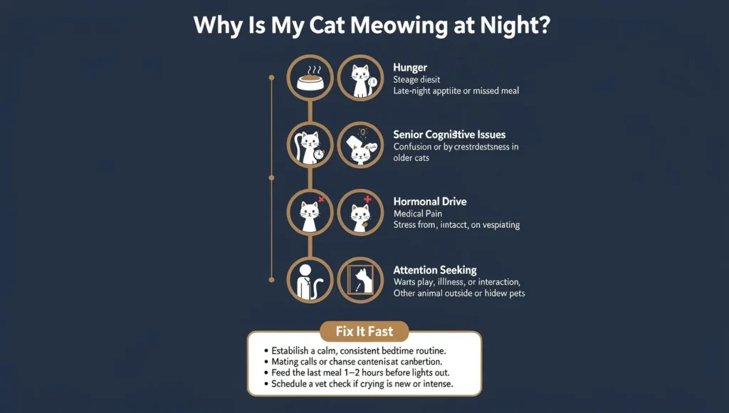 Infographic showing 7 reasons why a cat meowing at night and how to stop it