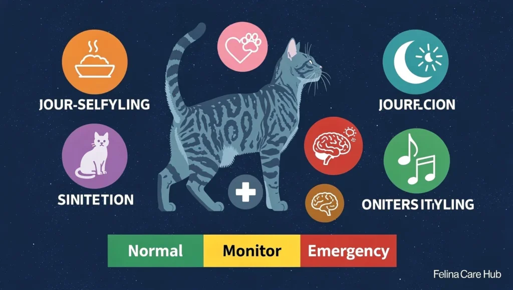  Cat Meowing at Night: 7 reasons cat meows at night infographic with red flag system